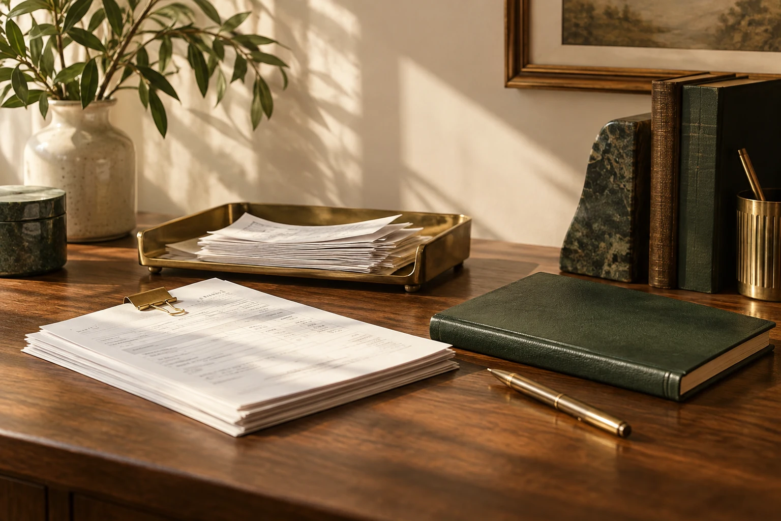 An orderly ledger and sorted paperwork on a walnut desk